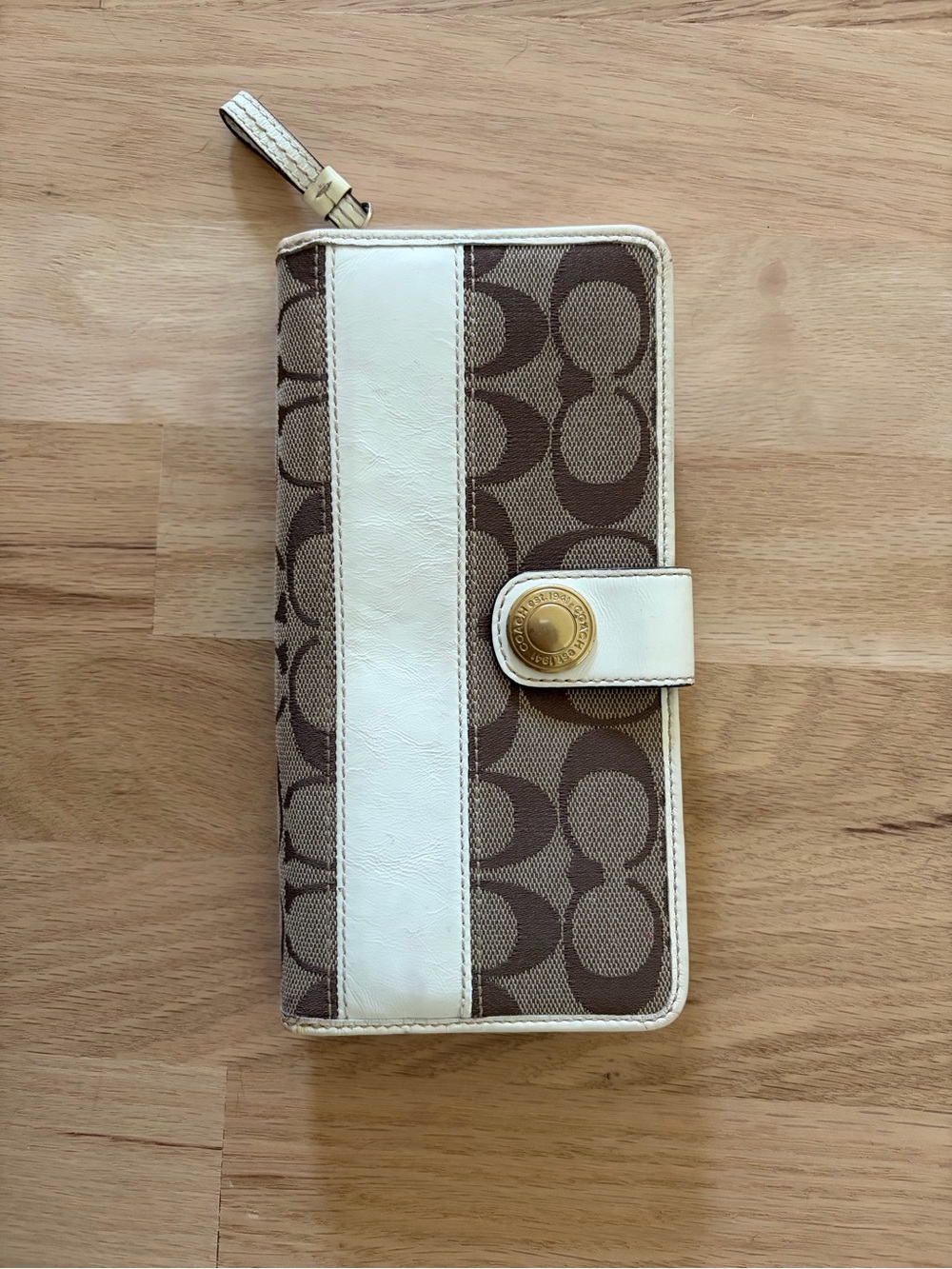 Coach Brown and Cream Signature Pattern Wallet with Snap Closure
